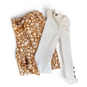 Saeaby Floral Wide Leg Pants & White Puff Sleeve Top Set Girls Size 5–6